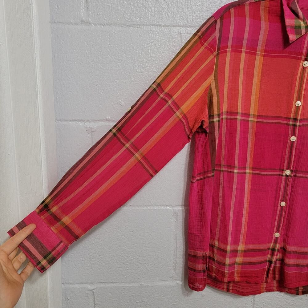 Liz Claiborne Roll Tab Plaid Blouse Pink Size M Cabincore - Picture 4 of 9